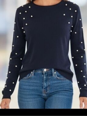 Zara Knit Black Long Sleeve Knit Sweater Top with Pearl Embellishment Small
